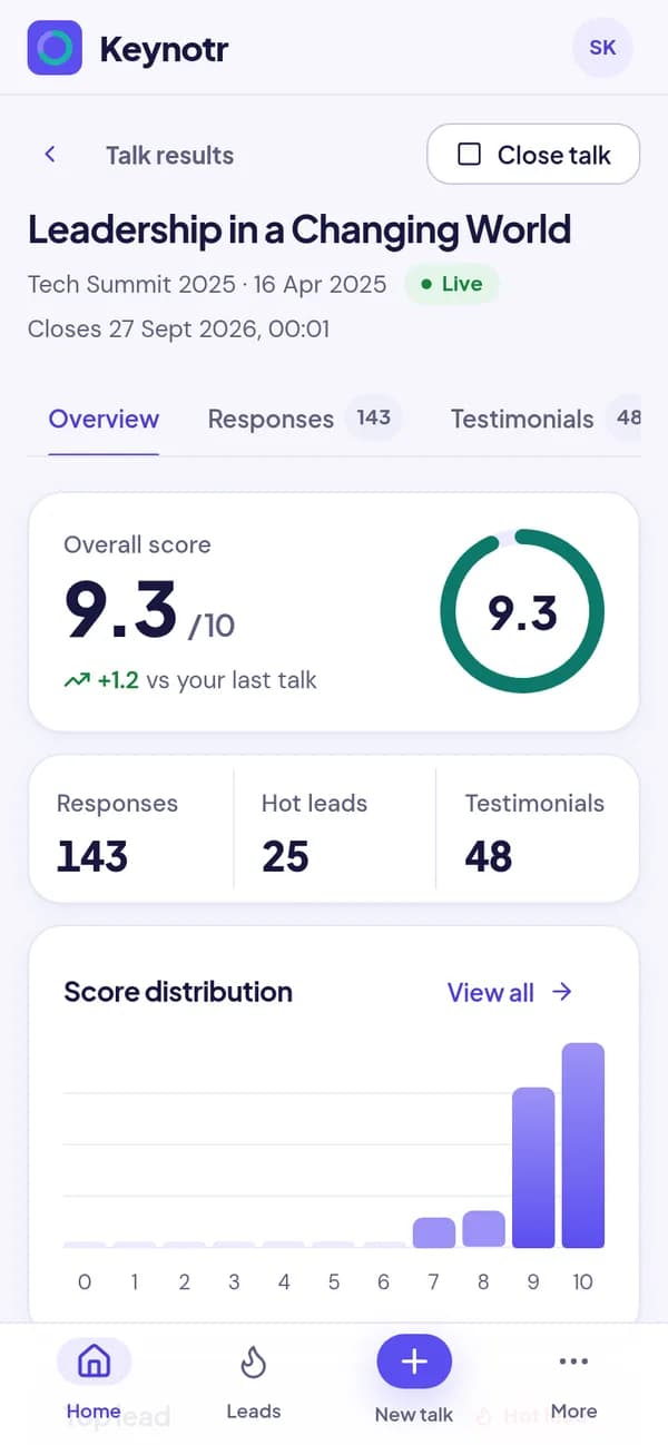 The same talk results on a phone, with a bottom tab bar.