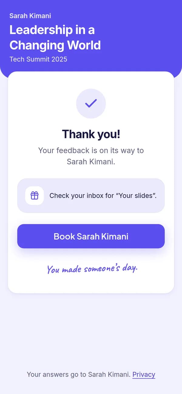 The attendee’s thank-you screen on a phone: feedback sent, a giveaway on its way, and a button to book the speaker.